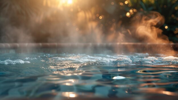 Steaming hot spa pool at golden hour